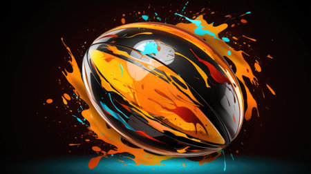 Vibrant ball with glossy orange and black surface, adorned with colorful paint splatters. Perfect for adding pop of color and creativity to any project or design.の素材