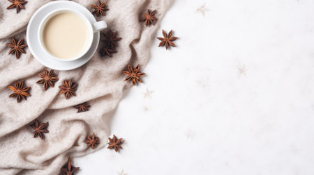 Cup of coffee with star anise as decorative element. Perfect for adding touch of elegance to your coffee-themed designs.の素材