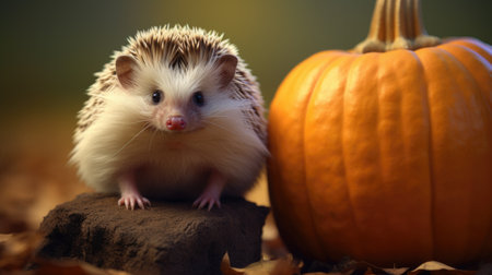 Hedge sitting on top of rock next to pumpkin. Suitable for autumn-themed designs and Halloween-related projects.の素材