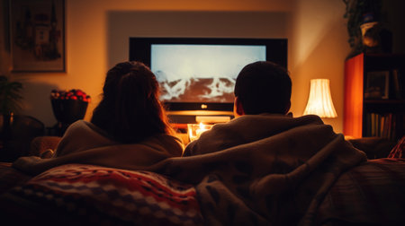 Couple sitting on couch watching television. Perfect for depicting relaxation and leisure activities.の素材