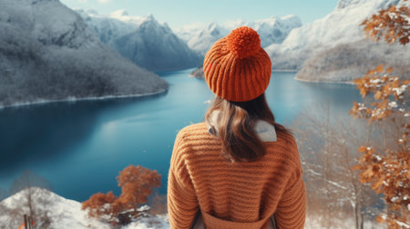 Woman wearing orange hat gazes out over serene lake. Perfect for travel and nature-themed projects.の素材