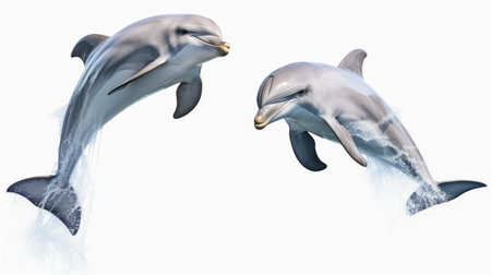 Dolphins captured in mid-air as they leap out of water. Perfect for showing beauty and grace of these marine creatures. Ideal for travel brochures, websites, and educational materials.の素材