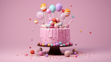 Vibrant pink cake adorned with assortment of colorful candies and lollipops. Perfect for birthdays and celebrations. Can be used to add touch of sweetness to any project.の素材