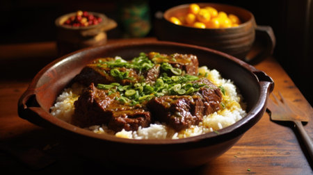 Bowl filled with rice and meat next to bowl of fresh fruit. Perfect for illustrating balanced and nutritious meal.の素材
