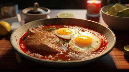 Bowl filled with delicious combination of eggs and rice, perfect for satisfying meal. Ideal for food blogs, recipe websites, or restaurant menus.の素材