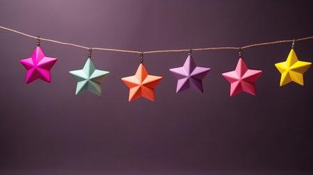String with five origami stars hanging from it. Perfect for crafts, decorations, or adding touch of whimsy to any space.の素材