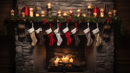 Cozy fireplace adorned with candles and stockings. Perfect for adding warmth and holiday spirit to any home.の素材
