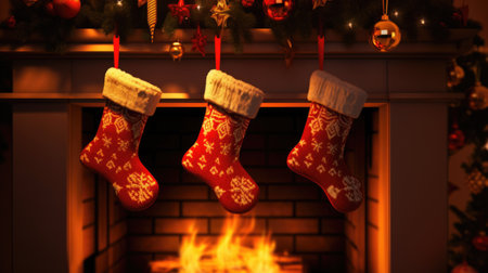 Cozy fireplace with two stockings hanging from it. Perfect for adding warmth and festive spirit to any holiday or winter-themed design.の素材