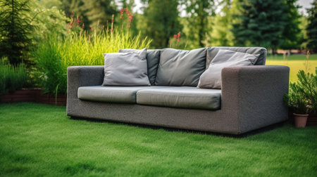 Couch sits on top of a beautiful, vibrant green field. This image can be used to depict relaxation, outdoor seating, or enjoying nature.の素材