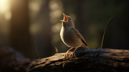 Bird perched on log in peaceful woodland setting. Perfect for nature-themed projects or designs.の素材