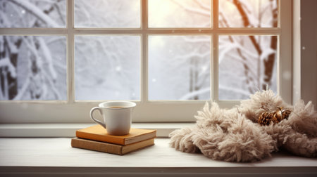 Cute teddy bear sits on window sill next to cup of coffee. Perfect for illustrating coziness and relaxation. .の素材