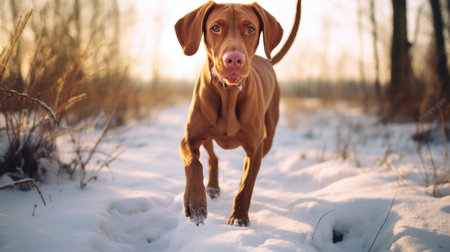 Brown dog walking through snowy landscape. Perfect for winter-themed designs and pet-related projects.の素材