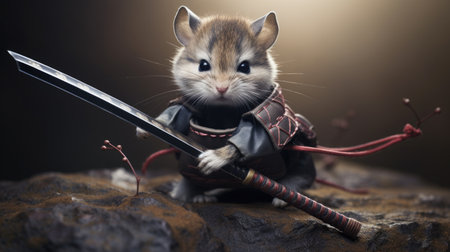 Hamster dressed as warrior holding sword. Perfect for animal lovers or fantasy-themed designs.の素材