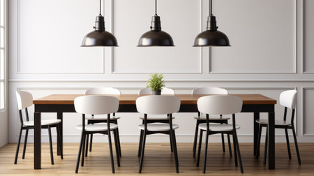 Dining room with wooden table and white chairs. Perfect for home decor or restaurant interior design.の素材