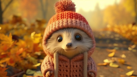 Cute hedge is pictured wearing knitted hat and sweater. Perfect for winter-themed designs or animal lover projects.の素材