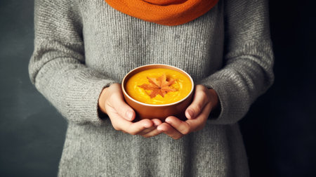 Woman holding cup of soup in her hands. Perfect for food and beverage-related projects.の素材