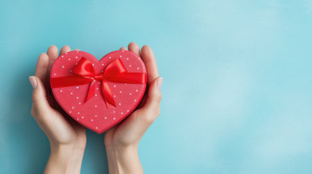 Person holding heart-shaped box with red bow, perfect for expressing love and affection. Ideal for Valentine's Day or romantic occasions.の素材