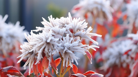 Detailed view of plant covered in frost. Suitable for nature or winter-themed designs.の素材