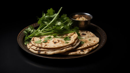 Plate of flatbreads with parsley and cup of sauce. Perfect for appetizers or light meals.の素材