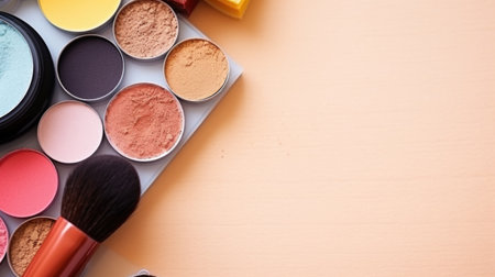 Collection of various makeup products neatly arranged on table. Perfect for beauty bloggers, cosmetic advertisements, and makeup tutorials.の素材