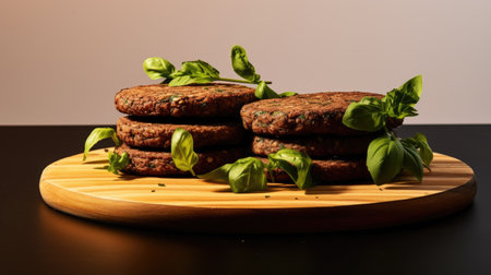 Stack of hamburgers with fresh basil leaves on cutting board. Perfect for food enthusiasts and restaurant menus.の素材