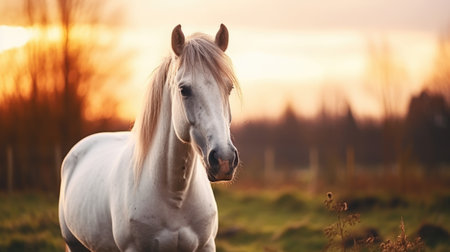 Beautiful white horse standing gracefully on top of vibrant, lush green field. Perfect for nature and animal-themed designs.の素材