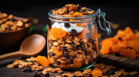 Glass jar filled with mixture of granola and raisins. Perfect for healthy breakfast or snack.の素材