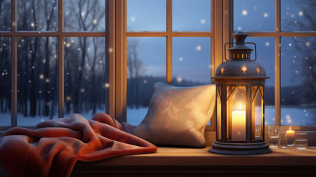 Lantern sitting on top of window sill. Can be used to create a cozy and warm atmosphere in home decor or as decorative element in rustic setting.の素材