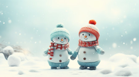 Couple of snowmen standing next to each other. Perfect for winter-themed designs and holiday greetings.の素材