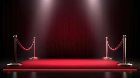 Stage set up with red carpet and red rope barrier. Perfect for glamorous events and VIP entrances.の素材