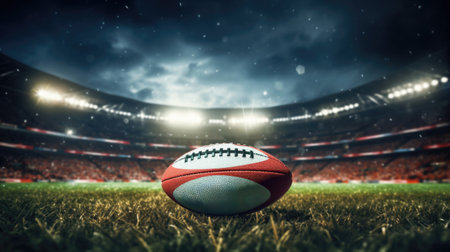 Rugby ball resting on vibrant green field. Perfect for sports-related designs and marketing materials.