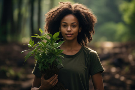 Woman holding plant in her hands. Can be used for gardening, nature, or eco-friendly concepts.の素材