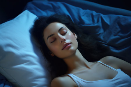 Woman peacefully laying in bed with her eyes closed. This image can be used to depict relaxation, sleep, tranquility, or peaceful morning routine.の素材