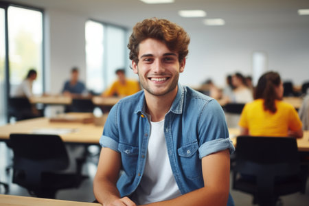 Young Man Sitting in Classroom.の素材