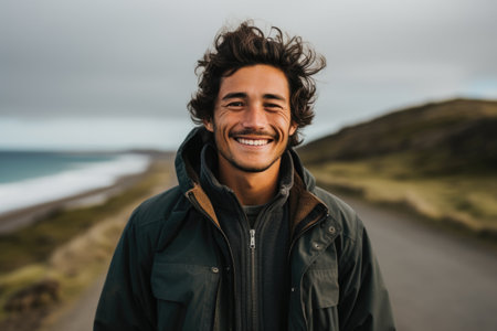 Young man stands on side of road with smile. Perfect for lifestyle and travel themes.の素材