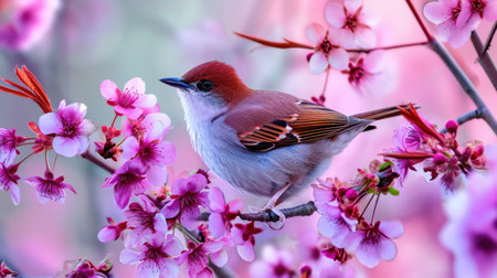 Small bird sitting on branch of tree. Can be used to depict nature, wildlife, or tranquility.の素材