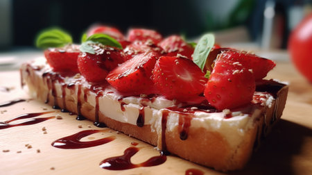 Close up view of piece of bread with fresh strawberries on top. Perfect for food blogs, recipe websites, or any content related to breakfast or healthy eating.の素材
