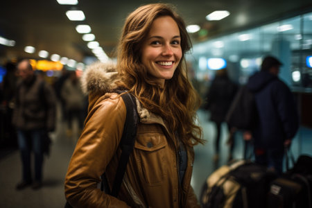 Smiling Woman with Backpack.の素材