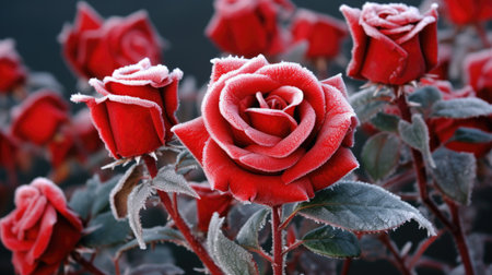 Bunch of red roses with frosty coating. Perfect for adding touch of winter beauty to your designs.の素材