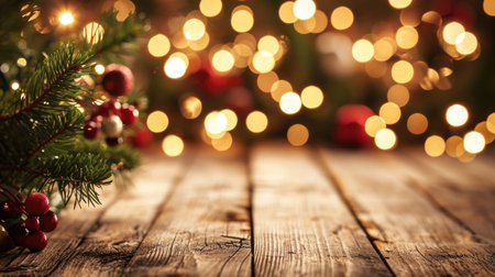 Festive Christmas tree placed on wooden table. Perfect for holiday decorations or creating a cozy atmosphere.の素材