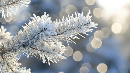 Close-up view of branch covered in snow. This image can be used to depict winter, nature, or seasonal themes.の素材