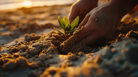 Person holding small plant in sand. Can be used for environmental or gardening concepts.の素材