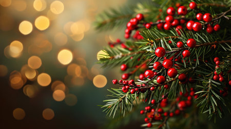 Detailed view of Christmas tree adorned with vibrant red berries. Perfect for holiday-themed designs and festive decorations.の素材
