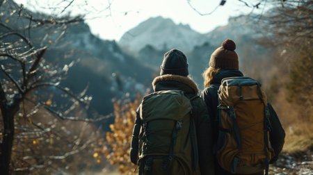 Couple of people with backpacks walking on trail. Suitable for outdoor adventure and travel concepts.の素材