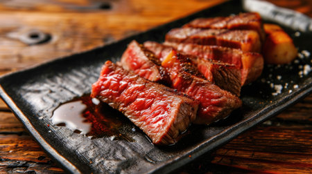 Delicious plate of steak displayed on rustic wooden table. This versatile image can be used for food blogs, restaurant menus, or cooking magazines.の素材