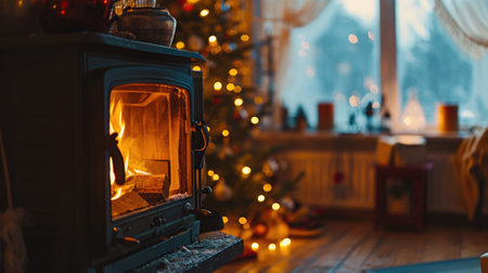 Compact wood burning stove in cozy living room. Perfect for adding warmth and ambiance to any space.の素材