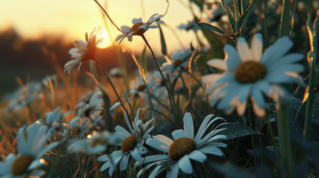 Beautiful sunset over field of daisies. Perfect for nature lovers and outdoor enthusiasts.の素材