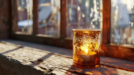 Candle sitting on window sill, perfect for creating cozy and warm atmosphere. Ideal for home decor, relaxation, or meditation themes.の素材