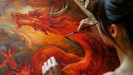 Woman painting red dragon on canvas. Suitable for art and creativity projects.の素材
