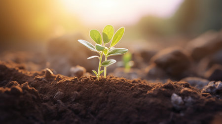 Small plant is seen sprouting from ground, showing beginning stages of growth. This image can be used to symbolize new beginnings or concept of growth and development.の素材